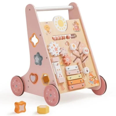 Afbeelding van ROBUD Houten loopwagen, baby loophulp, cognitieve ontwikkeling, roze