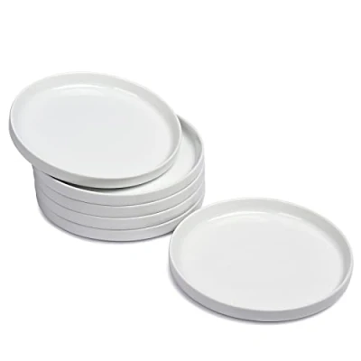 Afbeelding van WishDeco Dessertborden, 6 Delige Set, Witte Taartborden, Φ18cm Platte Borden van Porselein, Ontbijtborden Met Verhoogde Rand, Kleine Serveerborden voor Salade, Pasta, Brood, Voorgerechten