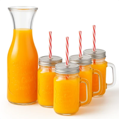 Afbeelding van Cheqo Glazen Drinkset Glas met Rietje Drinkglazen Deksel en Smoothie Mason Jars Waterkan 1L Duurzaam