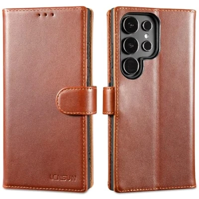 Afbeelding van Lensun Beschermhoesje voor Samsung Galaxy S24 Ultra, telefoonhoes van echt leer [standaard] boek met portefeuille, lederen magneetsluiting, flip Ultra 5G, donkerbruin