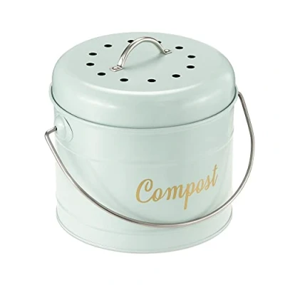 Afbeelding van Navaris metalen compostbak 3L Afvalbakje met 6x filter tegen vieze geuren Prullenbak deksel voor gft afval Compostemmer keuken Groenblauw