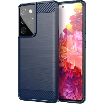 Afbeelding van Cadorabo Hoesje geschikt voor Samsung Galaxy S21 ULTRA in BRUSHED BLAUW Beschermhoes van flexibel TPU siliconen roestvrij staal carbonvezel look Case Cover