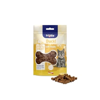 Afbeelding van Frigera Semi Moist Soft Treats Glutenvrij High Meat Eend 165g Zachte hondensnoepjes, lekkere beloning voor training en tussendoor, geproduceerd in België.