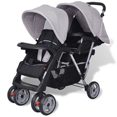 Afbeelding van yorten Opvouwbare kinderwagen voor broers en zussen, tweelingwagen, buggy, tweelingsbuggy van staal Oxford weefsel, 1 2 kinderen tot 15 kg, grijs zwart, 118 x 41 108 cm