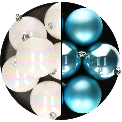 Afbeelding van Decoris kerstballen 12x st 8 cm parelmoer en blauw kunststof Kerstbal