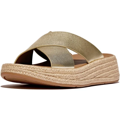 Afbeelding van FitFlop F Mode Espadrille Leather Flatform Cross Slides GOUD Maat 36