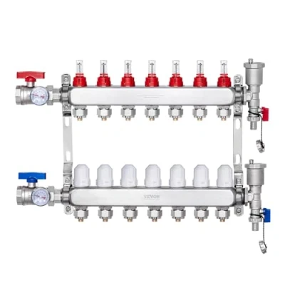 Afbeelding van VEVOR Verwarmingsspruitstuk met 7 takken, 12,7 mm PEX leidingen van roestvrij staal, adapters, voor hydronische straalvloeren, collectorkit