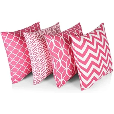 Afbeelding van Penguin Home 3426 100% Katoen Decoratieve Dubbelzijdige Vierkante Kussenhoezen Met Onzichtbare Rits 4 Delige Set, Heet Roze, 45 x cm