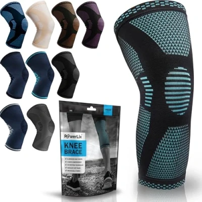 Afbeelding van POWERLIX kniebrace voor vrouwen/mannen, compressie kniebandage meniscusscheur, artritis, Linddert kniepijn, ACL, hardlopen, gewichtheffen, basketbal, volleybal, sport, Lichtblauw XL