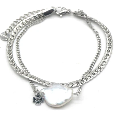 Afbeelding van Dubbele Armband Dames Zoetwaterparel RVS Verstelbaar 17 20 cm Zilverkleurig