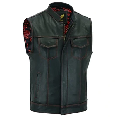 Afbeelding van Leatherick Groove Club Zwart leren vest voor heren, traditionele paisley satijnen voering, Rood genaaid, 54