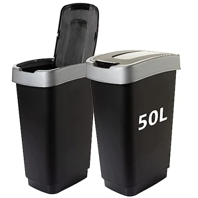 Afbeelding van SUSTANIA Duo Vuilnisemmer voor de keuken, 2 vakken, 50 liter, geurdicht, dubbele afvalemmer met schommeldeksel, x groot, 60 45 34 cm, robuuste recyclebare kunststof, zwart/zilver, Made