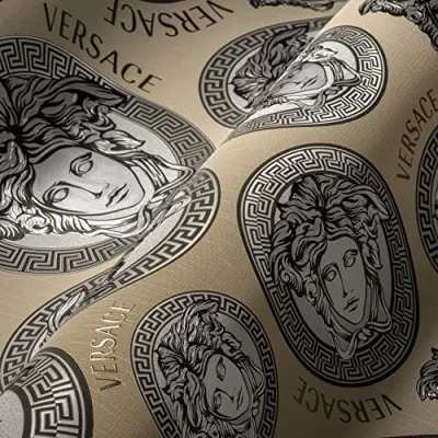 Afbeelding van &quot;MEDUSA HOOFD&quot; SATIJN GLANZEND BEHANG Design beige zilver goud grijs A.S. Création Versace 5