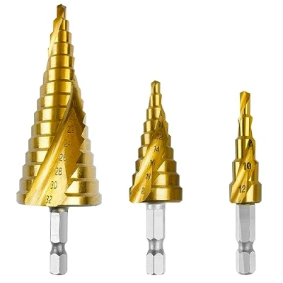 Afbeelding van Mesybveo 3 stuks HSS trappenboorset, 4 12 mm/4 20 32 mm, titanium gecoate kegelboor, schilboor, zeskantige kegeltrappenboor, conusboor met gelaserde schaal, voor houten planken, kunststof
