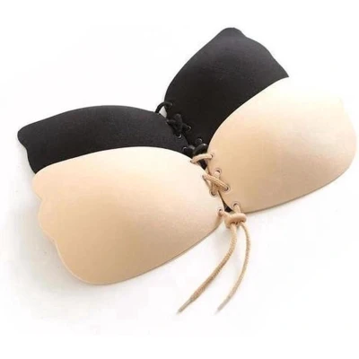 Afbeelding van Strapless Plak BH Multi Pack Cup B Beha met push up door de vetersluiting beige &amp; zwart plakbeha