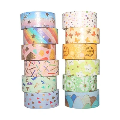 Afbeelding van YUBX Washi Tape, 12 rollen met gouden bladopdruk, voor knutselwerk, scrapbooking, bullet, krant, planning, geschenken, Candy