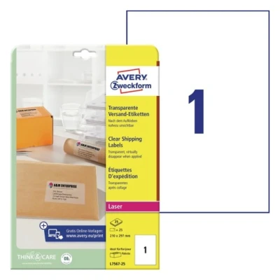 Afbeelding van Etiket Avery L7567 25 210x297mm transparant 25stuks
