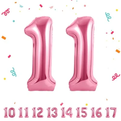 Afbeelding van Ballonnen voor verjaardag, 11 jaar, roze, 101 cm, ballon, cijfer 11, opblaasbaar, van folie, decoratie verjaardag een man en vrouw, vlinderdas met helium