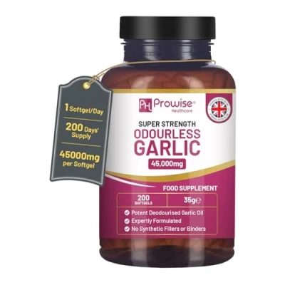 Afbeelding van premium geurloze knoflookcapsules 45.000 mg per softgel 200 softgels (geen tabletten) Superhoge sterkte Koudgeperst en ontgeurd knoflookolie extract van Allium Sativum