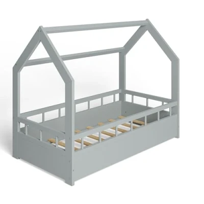 Afbeelding van MS FACTORY Huisbed 70x140 cm Kinderbed met valbeveiliging Dennenhouten bed lattenbodem Barrière Grijs