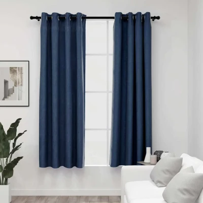 Afbeelding van Gordijnen linnen look verduisterend ogen 2 st 140x175 cm blauw