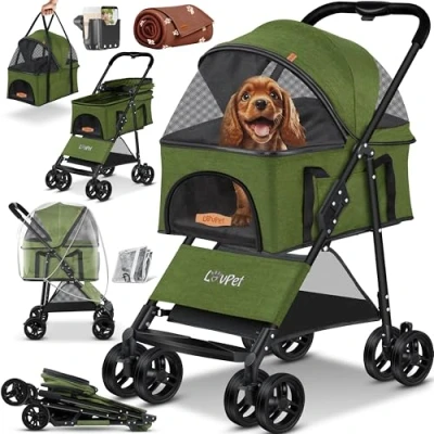 Afbeelding van LOVPET® Hondenwagen, 2 in 1 hondenbuggy, hondenbench, transporttas, opvouwbaar, tot 20 kg, huisdieren, buggy met gaasramen en regenhoes, jogger, kattenbuggy voor kleine honden katten, Kaki