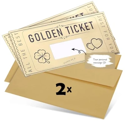 Afbeelding van DasWas 2 x gouden ticketzakje, schrijf je eigen kraskaart, voucherset met mooie envelop en kras gereedschap, perfect voor bruiloft, verjaardag, jubileum cadeaukaart goud