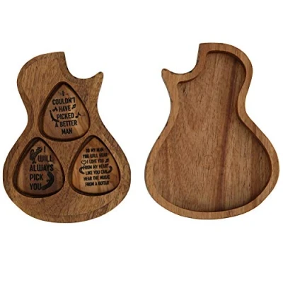 Afbeelding van Gitarren Pickbox, Plektron Holz Guitar Shaped Plektrum Behälter mit 3 Stück Plektren für Standard