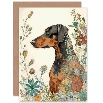 Afbeelding van Artery8 Doberman Dog with Spring Flowers Colourful Watercolour Illustration Art Birthday Sealed Greeting Card Plus Envelope Blank inside