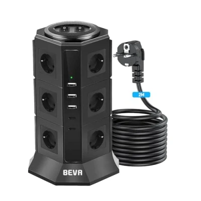 Afbeelding van BEVA Stekkerdoos, 12 Voudige Stekkertoren, 5 USB Stopcontacten, Meervoudige Stekker, Overspanningsbeveiliging en Kortsluitbeveiliging (met 2 Schakelaars m Kabel, 2500W/10A)