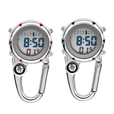 Afbeelding van JewelryWe Digitaal zakhorloge met karabijnhaak, pocket fob, riemclip, horloge voor artsen, verpleegkundigen, 2 stuks, utilitarian