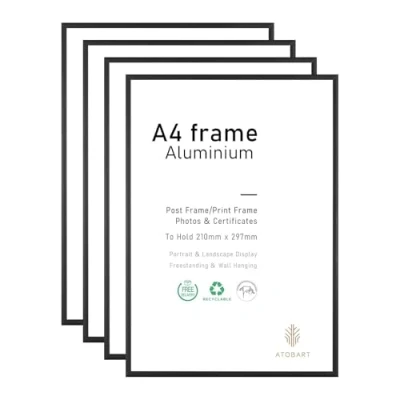 Afbeelding van Fotolijst in A4 formaat, zwart aluminium, certificaatframe voor muurbevestiging of tafelblad, set van 4 stuks, 21 x 30 cm