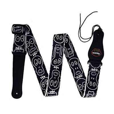 Afbeelding van Rayzm Gitaarriem/basriem, polyester draagriem voor akoestisch/elektrische gitaar of bas, inclusief plectrumhouder en cool doodskopdesign, 5 cm breed, lengte verstelbaar van 97 tot 155