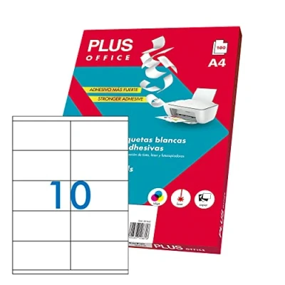 Afbeelding van Plus Office Zelfklevende witte etiketten om af te drukken, 100 vellen stickerpapier op A4 voor inkjetprinters, laser en fotokopieerapparaten, 10 per vel (105 x 57 mm)