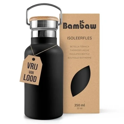 Afbeelding van Bambaw® 350ml RVS Thermosfles Dubbelwandig, Milieuvriendelijk, Lekvrijen, loodvrij en Plasticvrij Geïsoleerde Fles met Bamboe Deksel voor Warme Koude Dranken Ideaal Reizen, Werk, Yoga, Wandelen Dagelijks Gebruik zwart