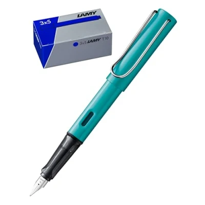 Afbeelding van LAMY AL star set vulpennen van aluminium in toermalijn met ergonomische greep en gepolijste stalen veer lijnbreedte Fine T10 3 inktpatronen, originele doos inkt blauw