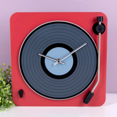 Afbeelding van Invotis wandklok platenspeler metaal Kleur Rood
