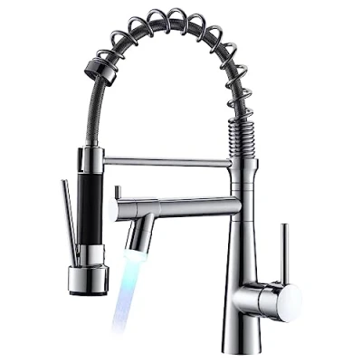 Afbeelding van TIMACO Led waterkraan, keuken, chroom, keukenkraan met spiraalveer, 360 draaibare spoelbakkranen twee uitloop, waterkraan voor keuken en douche uittrekbaar, hoge druk