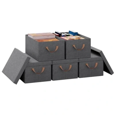 Afbeelding van WOLTU ABB02gbn 5 Opbergdozen, stuks, kist met deksel, stoffen doos handgrepen, opbergmand, vouwdoos, organizer, grijs, 48 x 20 29 cm