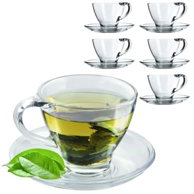 Afbeelding van KADAX glazen kopjes met onderzetter, 200 ml/250 ml, transparante kopjes, theekop, koffiekopjes, schotel, mok Hannah / 6 stuks