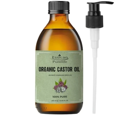 Afbeelding van Essican Purelife Organische Ricinusolie in Glazen Fles met Pomp 250ml 100% Pure Ricinusolie, Hexaan vrij voor Haargroei, Koudgeperst, Voedt de Huid, Wimpers
