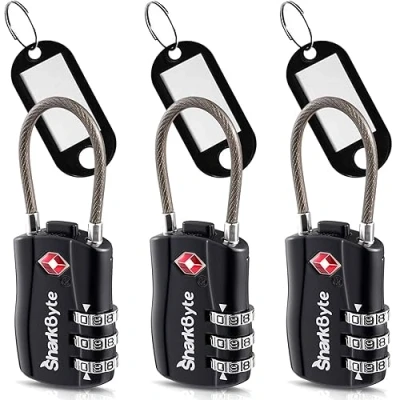 Afbeelding van SharkByte TSA Koffersloten 3 Dial Security Travel Combinatie Hangslot, Flexibel Kabeldraad Reisslot voor Koffers Bagage Case Reistas Gym Locker Code Klein Hangslot (Pack van 3)