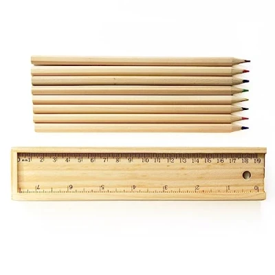 Afbeelding van Chinchilla® Natuurhouten kleurpotloden STRAIGHT 8 stuks aangepunt houten etui met liniaal voor kinderen en vrije tijd schilderen levendige kleuren ideaal cadeau kleine kunstenaars