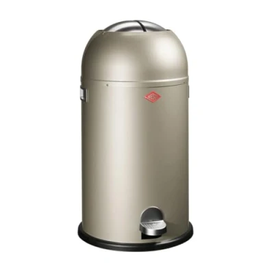 Afbeelding van Wesco Kickmaster Afvalbak in de kleur nieuwzilver, gepoedercoat plaatstaal, ingebouwde demper, 33 liter volume, grote inworp