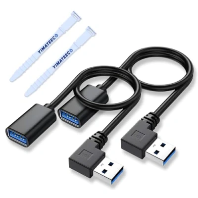Afbeelding van YIMATEECO USB verlengkabel, adapter, 3.0 verlenging, haakse stekker, 90 graden A stekker op bus voor muis, toetsenbord, hub, printer, computer (naar links, 30 cm, 2 stuks)