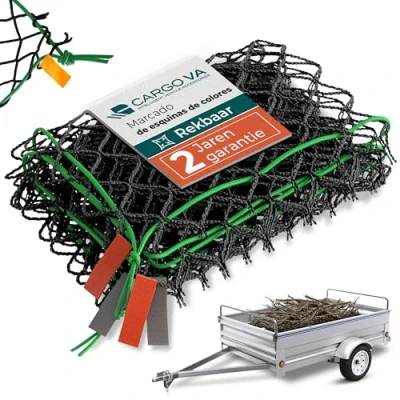 Afbeelding van CargoVA® Intelligentes Anhängernetz dehnbar 1x2 bis 2x3 M elastisches Hängernetz schwarz mit Gummiseil und Eckenmarkierung für die perfekte Ladungssicherung