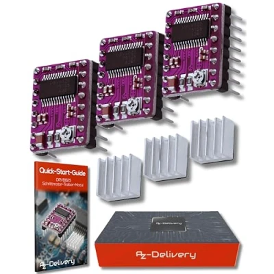 Afbeelding van AZDelivery 3 x DRV8825 Stappenmotorstuurmodule met koellichaam, bijv. voor RAMPS 1.4, CNC Shield, 3D printer, Prusa Mendel compatibel Arduino Inclusief E Book!