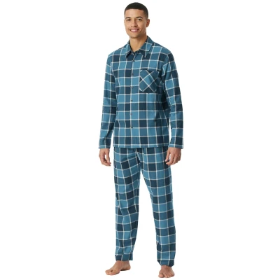 Afbeelding van Schiesser Herenpyjama, lange zachte geweven stof, hoogwaardige warme pyjamaset, Jeansblauw_182029, 58
