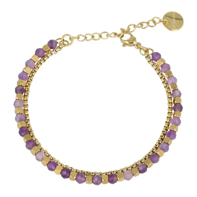 Afbeelding van My Bendel Dubbele goudkleurige armband Met paarse glasstenen bedels luxe cadeauverpakking