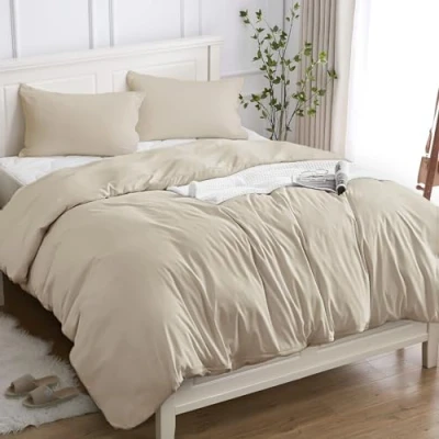 Afbeelding van Dekbedovertrek voor Frans bed, 100% katoen, 200 x cm (2 kussenslopen 50 80), beddengoedset van hoogwaardig 150 g/m², Oeko Tex® gecertificeerd, zacht, ademend, hypoallergeen, beige